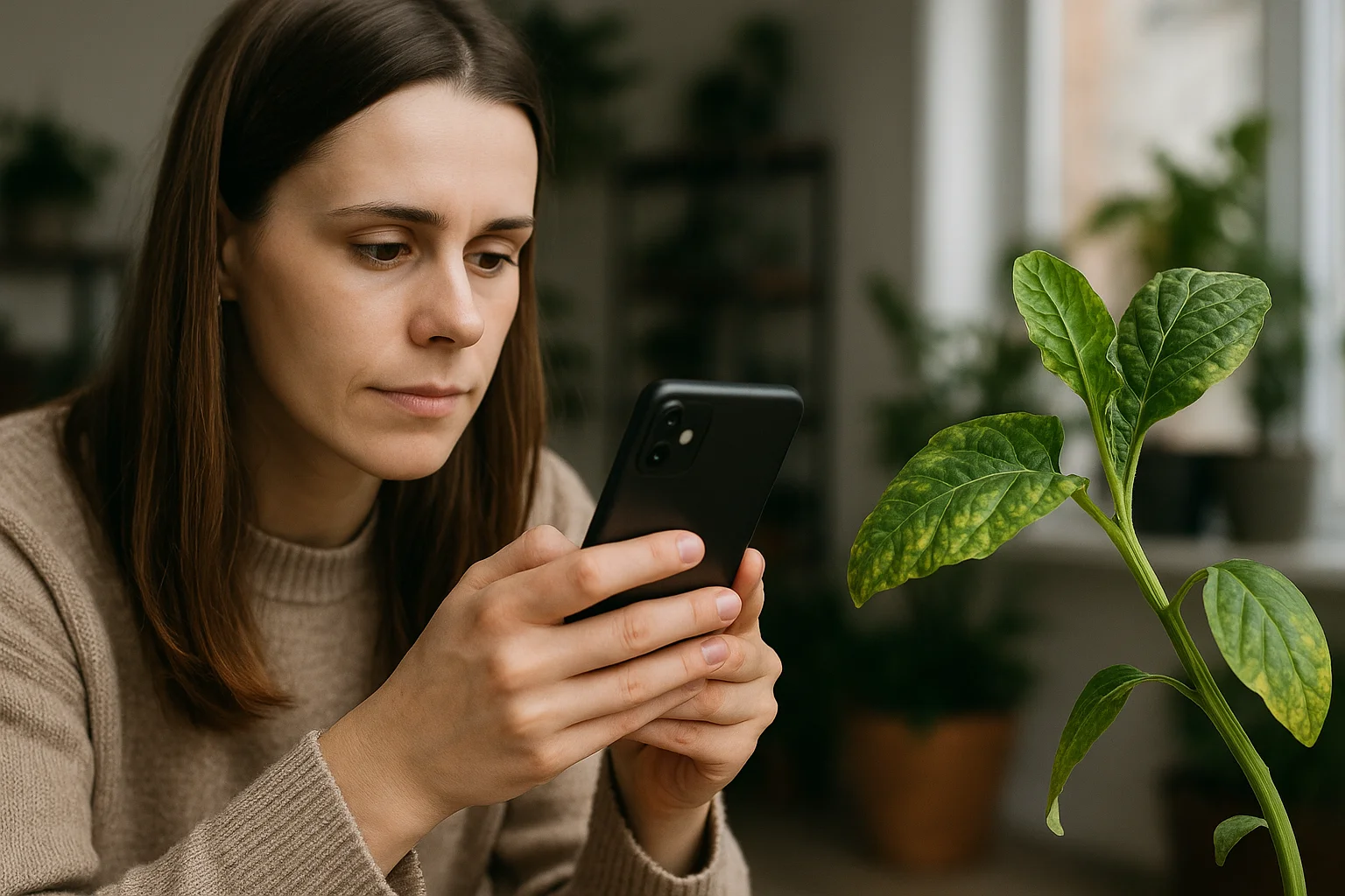 a woman taking pictures of an indoor plant on her phone