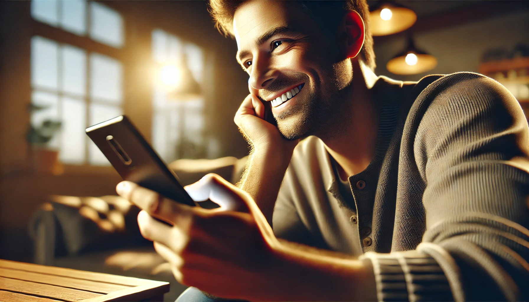 a smiling man with dark hair using his phone. The man is sitting in a cozy room with a warm atmosphere, and the lighting is bright and inviting.
