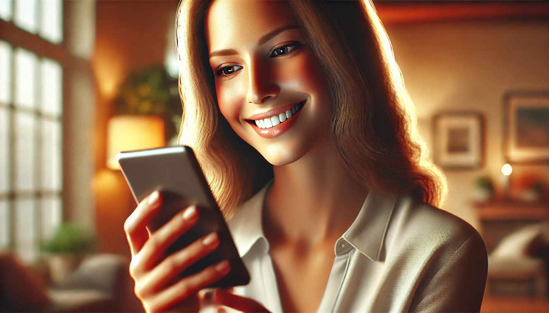 a young woman with long brown hair using her phone. The woman is sitting in a cozy room with a warm atmosphere, and the lighting is bright and inviting.