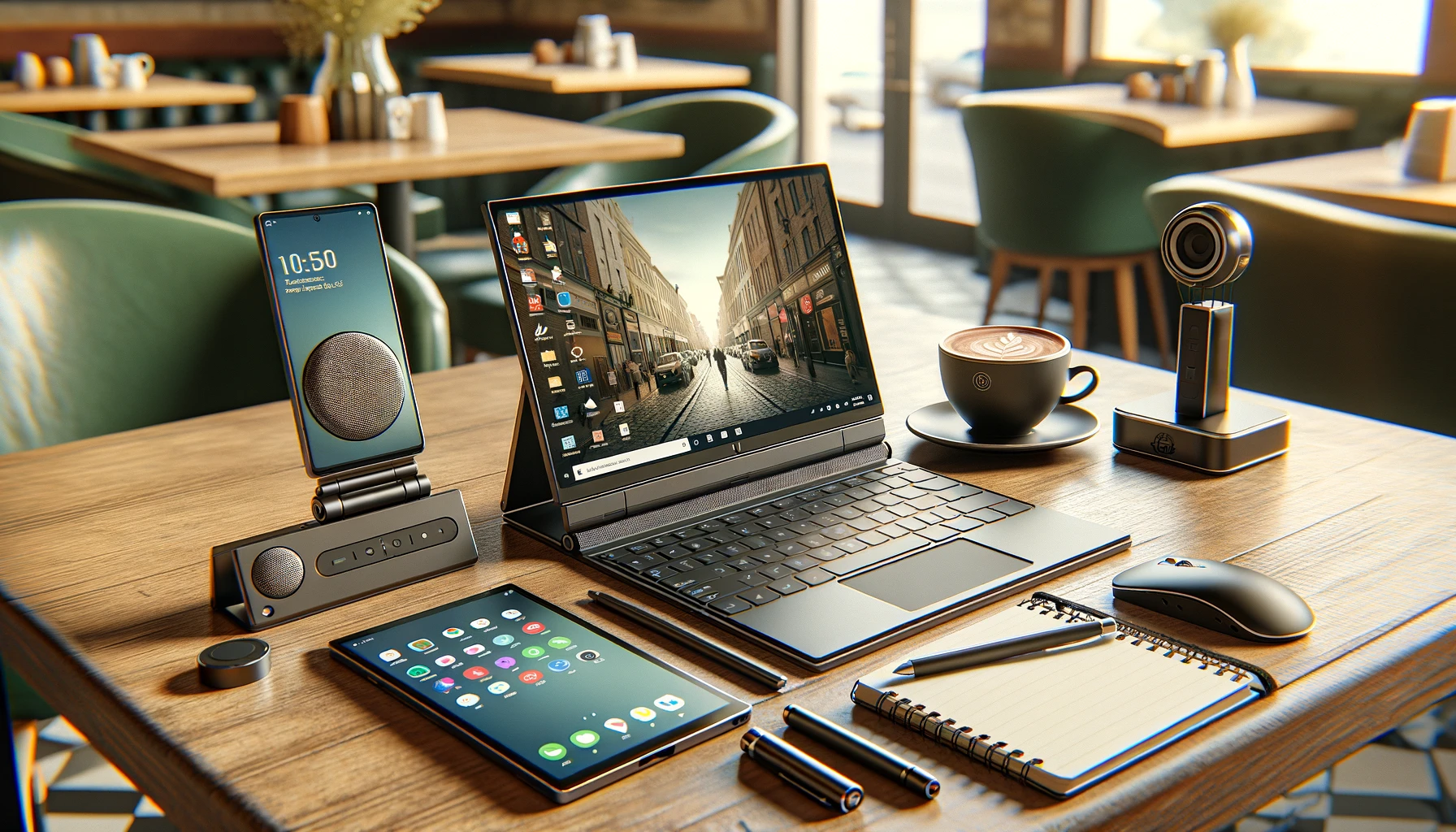 a compact laptop with a touch screen, a foldable smartphone stand holding a smartphone, a portable Bluetooth speaker, and a digital notepad with a stylus.